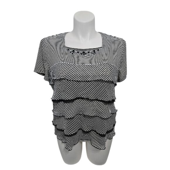 Alfred Dunner Tiered Ruffled Blouse Women Large Black Stripe - Picture 1 of 3